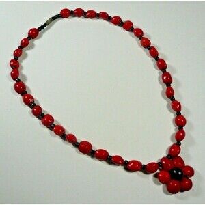 Vintage Hand Strung Red Chocho Seed & Black Onyx Bead Necklace Andes Mountains